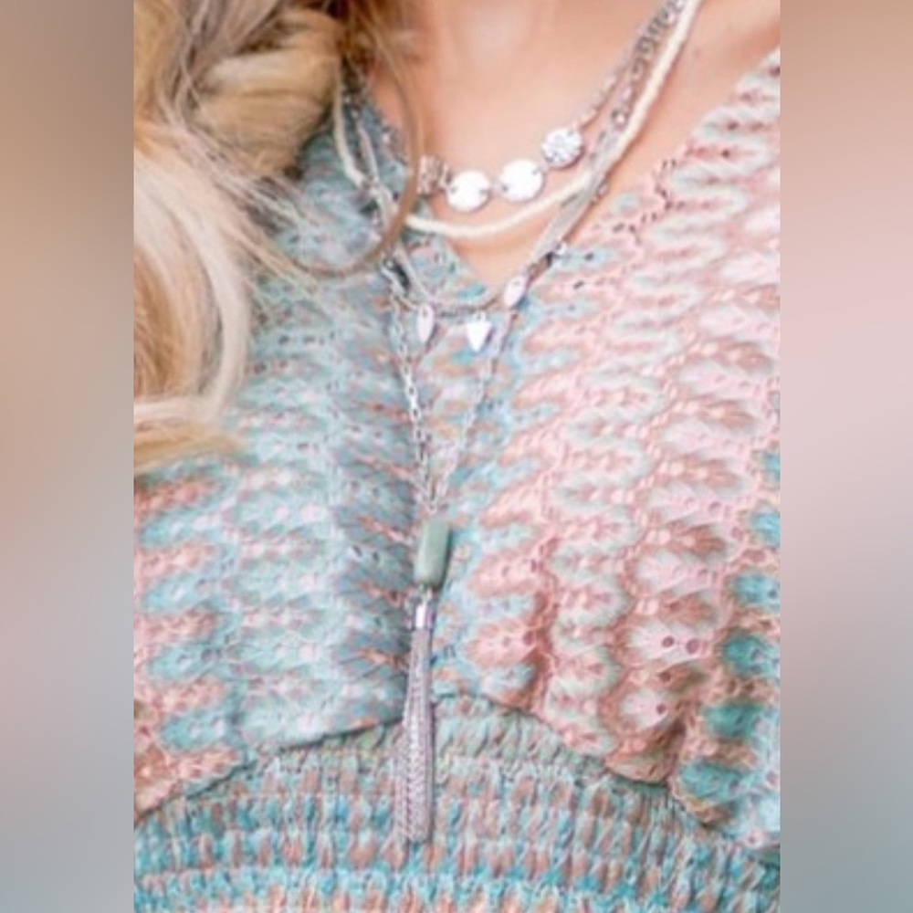 Layered bohemian style silver-tone necklace with blue-green stone & cream beads